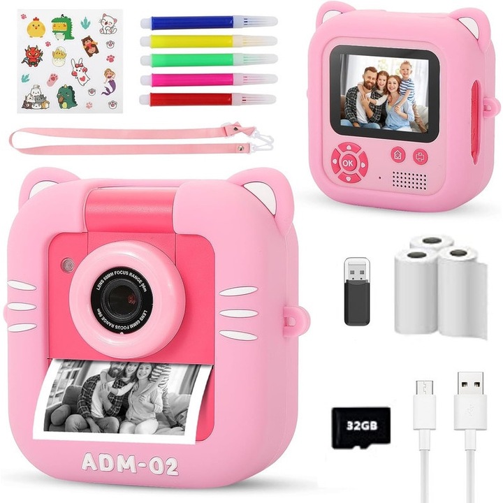 Set Aparat Foto Instant WALALLA, 48MP, Video 1080P, Ecran 2.4 inch, Roz, 32GB, 3-12 ani