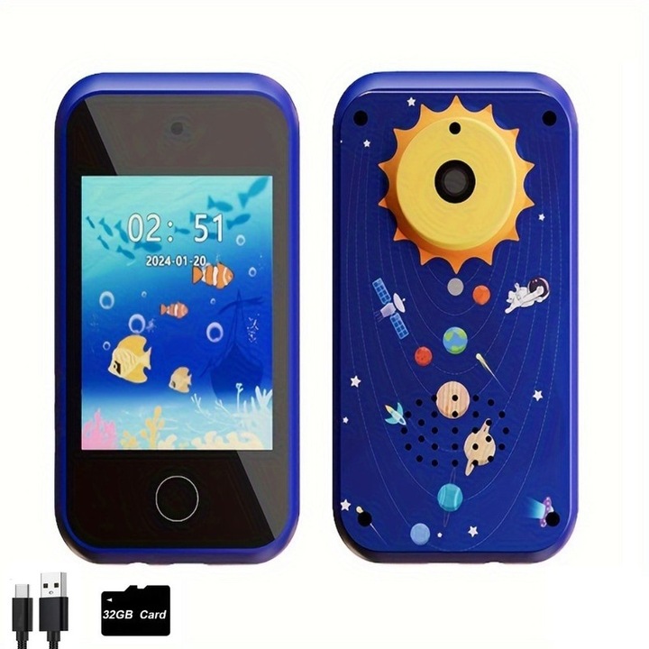 Детска играчка телефон WALALLA, HD сензорен екран, флип камера, образователни игри, MP3, син, 6-10 години