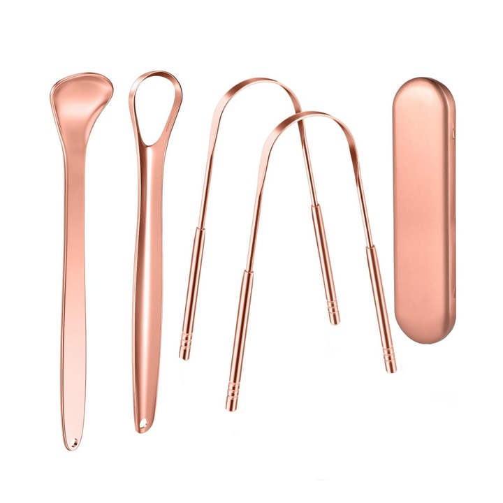 Tyrael-SEA nyelvtisztító készlet felnőtteknek és gyerekeknek, sebészeti rozsdamentes acél, rózsaszín arany, tárolódobozban