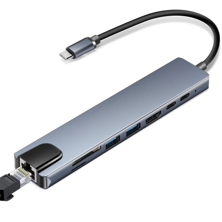 Адаптер Hub Multiport 8 в 1, SINBITNA, USB Type-C към HDMI 4K / 30Hz, PD 100W порт за зареждане, LAN RJ45 Ethernet, SD/TF четец на карти, USB 2.0, USB 3.0, поддържа Windows, Mac OS, Chrome OS, Alloy алуминий, 15,2 х 3 х 1 см, сребро