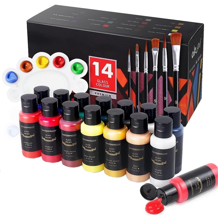 Set vopsele acrilice, SINBINTA, 14 Culori x 30 ml/Sticla, Rezistent la apa si nu necesita incalzire, cu 6 pensule si 1 paleta, Non-toxic si inodor, Pentru pictura pe piatra, ceramica, sticla, Multicolor