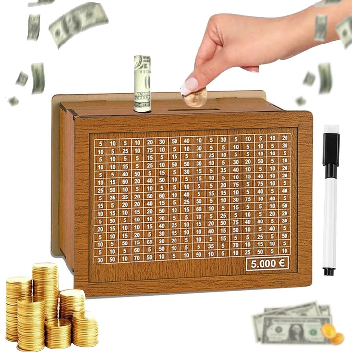 Pusculita pentru Copii si Adulti, NUODWELL, Cu pix marker sters, Cu tinta de economii si numere pentru bifat, Usor de instalat, Pentru adulti si copii, 20x14.5x7.6cm, Lemn, Maro deschis