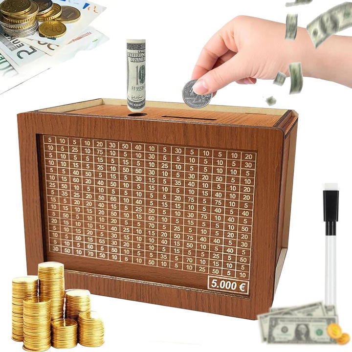 Pusculita pentru Copii si Adulti, NUODWELL, Cu pix marker sters, Cu tinta de economii si numere pentru bifat, Usor de instalat, Pentru adulti si copii, 20x14.5x7.6cm, Lemn, Maro