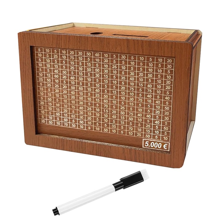 Касичка за деца и възрастни, NUODWELL, С изтриваем маркер, С цел за спестяване и цифри за отмятане, Лесна за инсталиране, За възрастни и деца, 20x14,5x7,6 см, Дърво, Кафяв