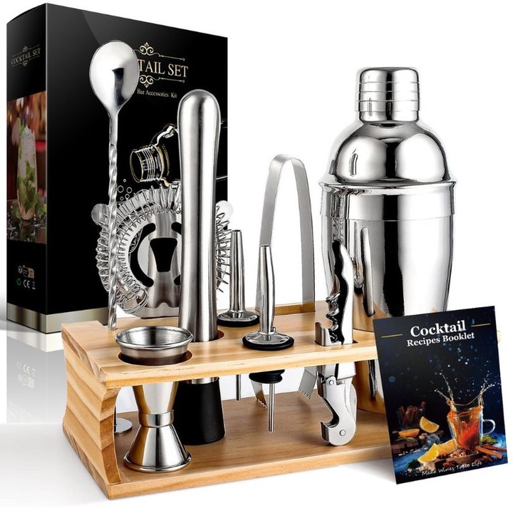 Koktél shaker készlet 15 részes, rozsdamentes acél, fa állvány, recept útmutatóval, ezüst