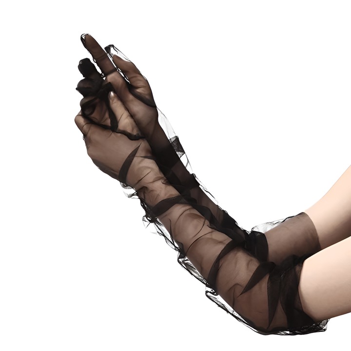 Manusi de mireasa Tyrael-SEA, tul transparent, negru, 70cm, marime universala