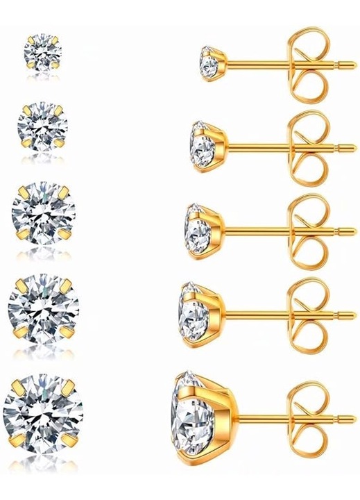 Set 5 Perechi Cercei cu Zircon Cubic, Inox 316L, 3-8mm, Hipoalergenici