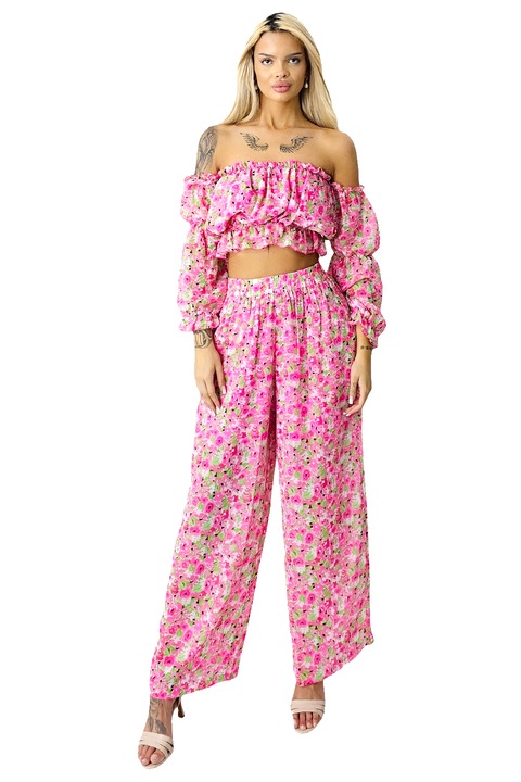 Compleu de vara Bouquet, pantaloni lejeri si camasa cu volane, Roz, Marime universala S/M/L