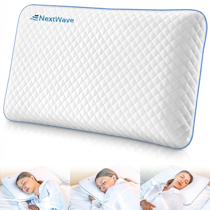 Perna ortopedica pentru dormit NextWave, Spuma cu Memorie cu gel ventilata, Husa detasabila cu 2 zone termice, Ideala pentru dormitul lateral, spate sau stomac, ergonomica pentru Gat si Suport Cervical, 60x40x12 cm