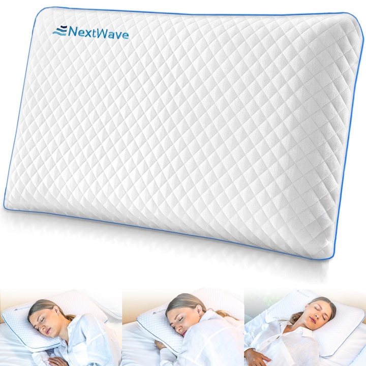 Perna ortopedica pentru dormit NextWave, Spuma cu Memorie cu gel ventilata, Husa detasabila cu 2 zone termice, Ideala pentru dormitul lateral, spate sau stomac, ergonomica pentru Gat si Suport Cervical, 60x40x12 cm