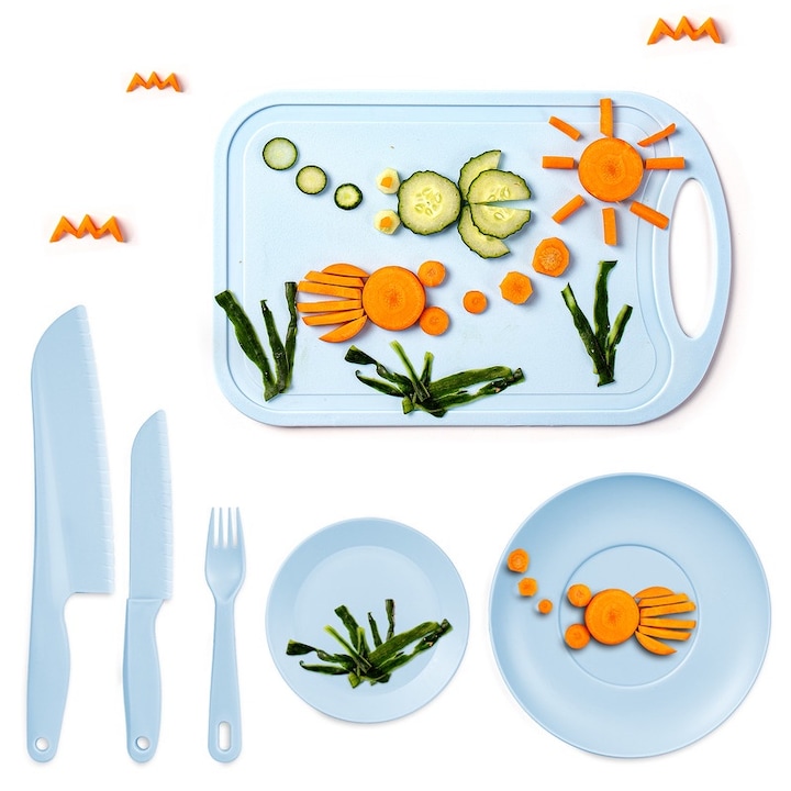 Set de bucatarie pentru copii 6 piese, TJ POP, Set jucarii pentru bucatarie, accesorii de copt pentru copii cu placa de taiere si farfurie, Cutit pentru copii Bun Soft Grip, BPA Free, albastru