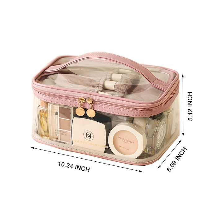 Geanta cosmetica, Despartire uscata si umeda, Capacitate mare, Rezistent la praf si apa, Usor de curatat si transportat, Transparent, Roz