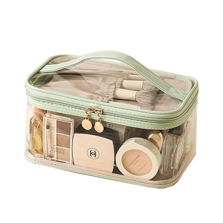 Geanta cosmetica, Despartire uscata si umeda, Capacitate mare, Rezistent la praf si apa, Usor de curatat si transportat, Transparent, Verde