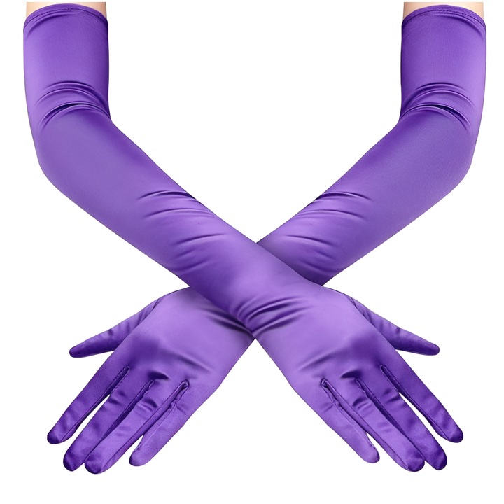 Manusi de dama Tyrael-SEA, satin elastice, lungi, mov, 53cm, marime universala