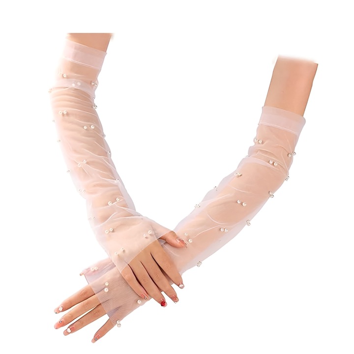 Manusi de mireasa Tyrael-SEA, tul transparent cu perla, alb, 40cm, marime universala