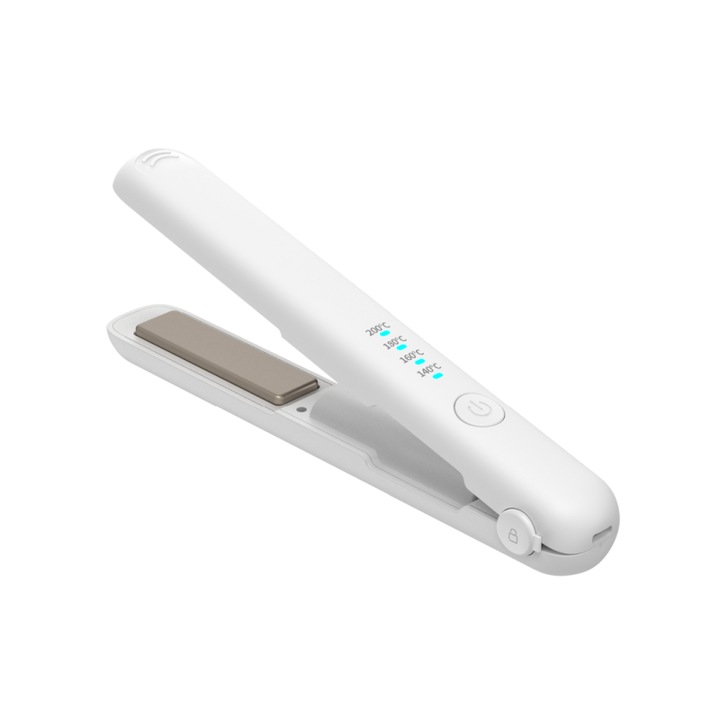 Преса за коса, без кабел, USB зареждане, термостатна грижа за косата, покритие с керамична глазура, 3D плаващ панел, вградена батерия, дълъг живот, 4-степенна интелигентна настройка, дизайн с LED индикатор, бял