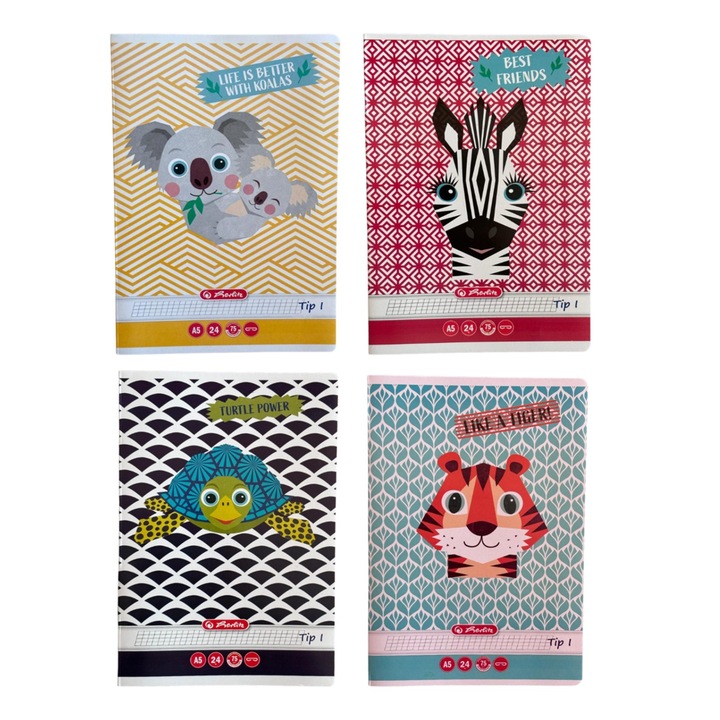 Set 4 caiete Herlitz A5 24 file, Tip I - Cute animals