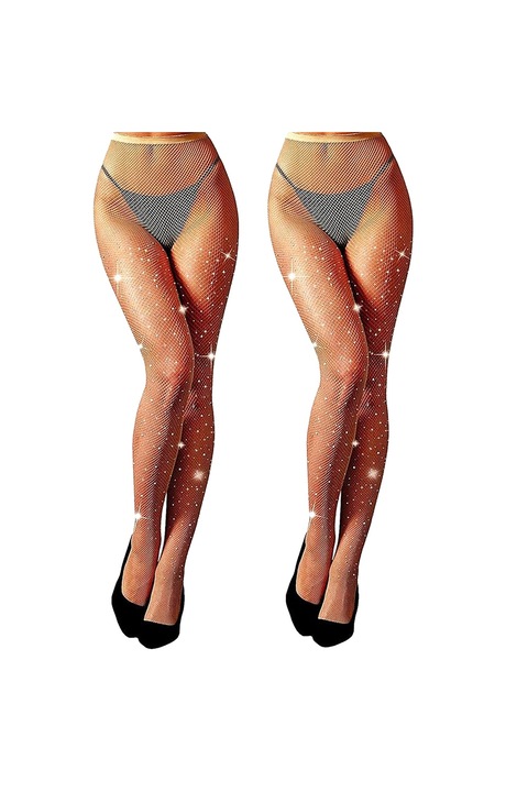 Комплект от 2 мрежести чорапогащника с кристали, Axroad Mall, Секси тип, Висока талия, Блестящи, Свръхустойчиви, Оформящи, Меки, Удобни, Дишащи, Оптичен отслабващ ефект, Найлон, Един размер за всички, Голи