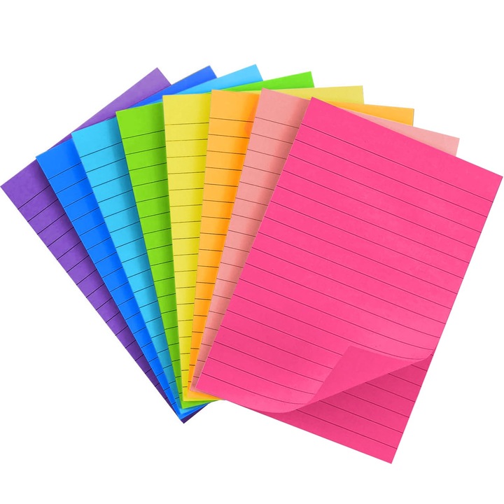 Set 8 Pads Note Adezive Mari, Liniate, Multicolor, 10x15cm, 40 Foi/Pad