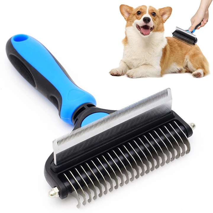 Perie trimmer 2 in 1 pentru Animale de companie, Anti-naparlire, Descalcire blana, pentru tuns par scurt, Albastru/Negru