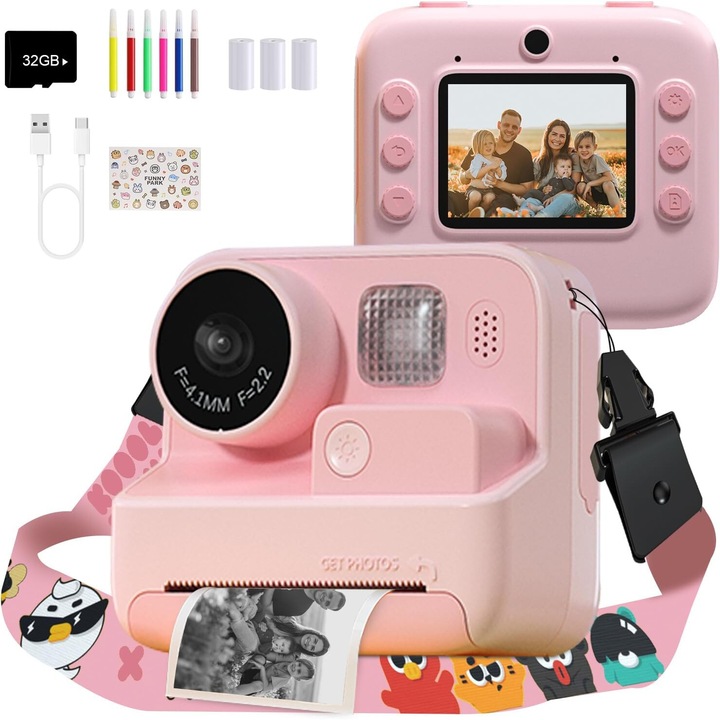Camera Foto Instanta pentru Copii, Roartoy, Functie De Printare, 48 MP, Full HD, Rezolutie 1080p, Ecran 2.0 Inch, Blitz, Baterie 1400 mAh, Card SD 32Gb Inclus, Roz
