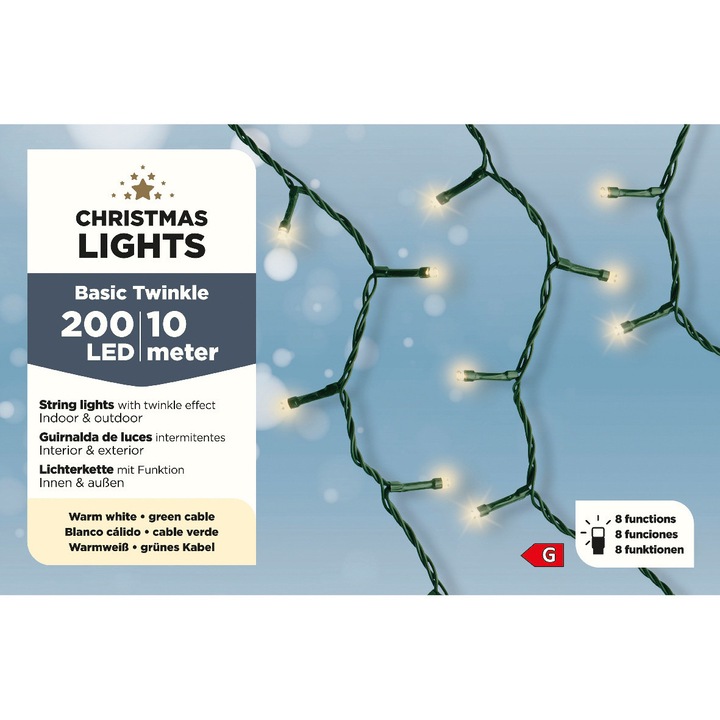Instalatie brad Craciun, 995 cm, lumina calda, cablu verde, 8 functii, timer, 200 LED-uri, IP-44, pentru interior/exterior