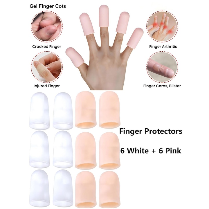 Set de 12 Protectii de Degete din Gel, pentru Artrita, 4.3x1.7cm, Roz Alb