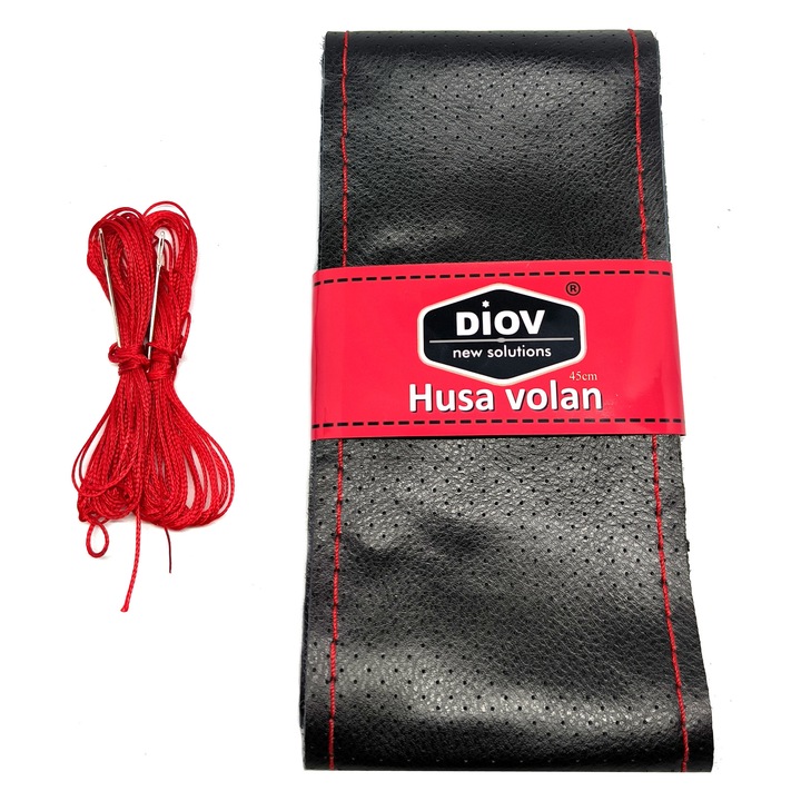 Husa Volan Camion din Piele Neagra Perforata, cu Ata Rosie pentru Cusut marimea XXL 45cm