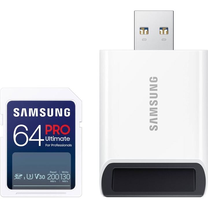 Карта памет Samsung Pro Ultimate, 64GB, SDXC, Class 10, UHS-I U3, V30, включен USB четец