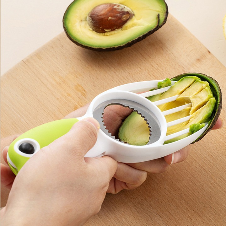 Cutit pentru avocado, BOMSTOM, 3 in 1 cutit, feliator pulpa, sortare miez, Otel si PP, Alb-Verde