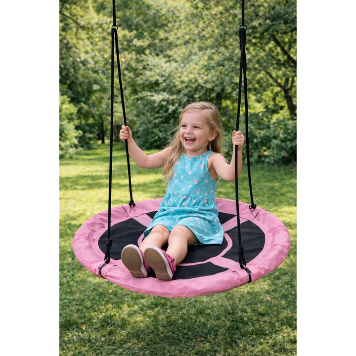 Leagan pentru copii profesional idealStore Stork's Nest, tip Cuib, Sarcina maxima 150 Kg, Diametru 95 cm, Cadru Otel, Roz