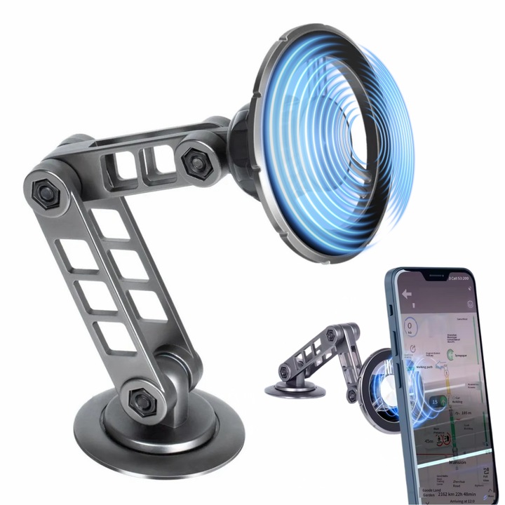 Suport telefon auto LUDORA®, brat metalic din aliaj rezistent, magnet puternic, universal, montare pe parbriz sau bord, rotire 360 grade