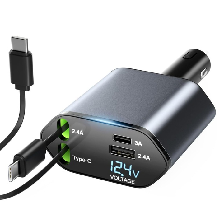 Autós töltő 100 W Super Fast Charge BIRAI®, LED kijelző, 4 az 1-ben, Type C + Lightning, Iphone 5V/2.4A, USB C 5V/3A, USB 5V/2.4A, Teljesítmény 120W, 12-24V, Teleszkópos flexibilis kábel 80cm, Univerzális, Telefon, Tablet, Kompatibilis iPhone, Samsung