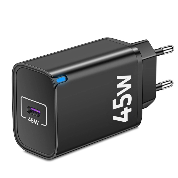 Incarcator Retea Timebox, 45W Fast Charge, cu 1 Port Type-C – Incarcare Rapida pentru iPhone, Samsung, Huawei, Xiaomi, Compatibilitate Universala, Design Compact si Constructie Durabila, Negru