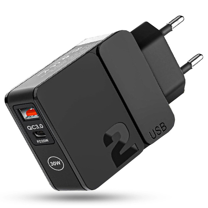 Incarcator Retea Timebox 30W, Incarcare Rapida cu 2 Porturi – USB QC 3.0 + Type-C, Compatibil iPhone, Samsung, Huawei, Xiaomi, Culoare Negru, Format Compact, Perfect pentru Telefon, Acasa sau Drumetii