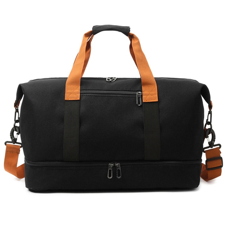 Geanta de voiaj/sport multifunctionala, Axroad Mall, Capacitate mare, Impermeabil, Fermoar dublu, Bretele reglabile si respirabile, Atasabila valiza, Cu compartiment pentru pantofi si compartiment pentru umezeala, Tesatura oxford, 46×28×25 cm, Negru