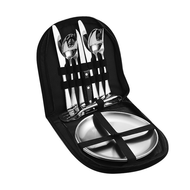 Set vesela camping din otel inoxidabil, cu cutit pentru friptura, furculita, lingura, sac din material textil, portabil