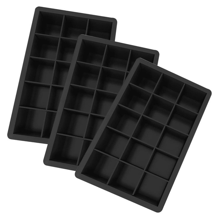 Set 3 forme pentru cuburi de gheata, silicon, negru, 7x4.5x1.5 inches