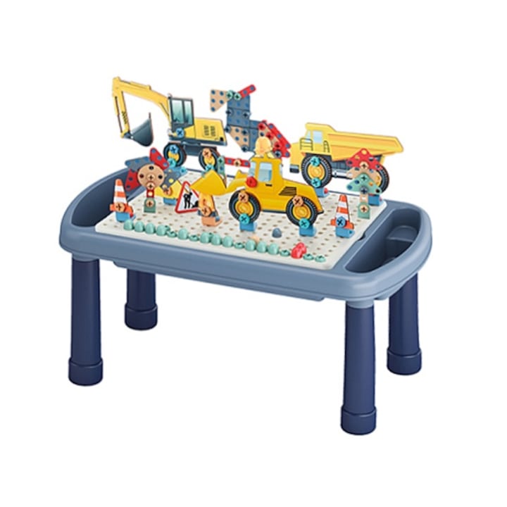 Masa de lucru interactiva Mozaic 5 in 1, 339 piese, culoare albastru, constructie vehicule, bormasina de jucarie inclusa