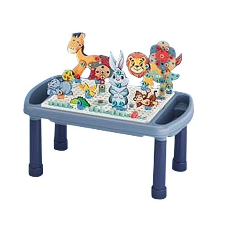 Masa de lucru interactiva Mozaic 5 in 1, 339 piese, culoare albastru, constructie animale, bormasina de jucarie inclusa