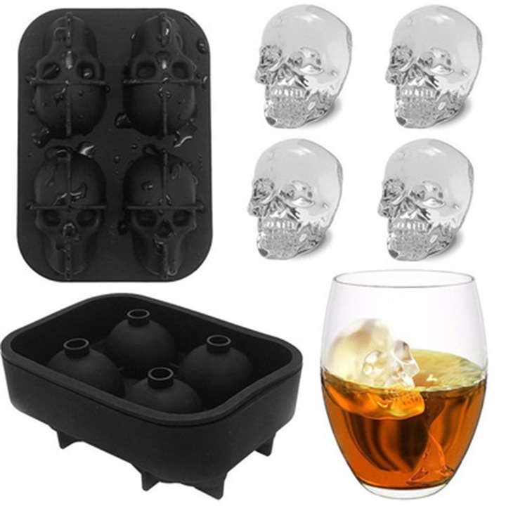 Forma pentru cuburi de gheata, silicon alimentar, design craniu, 12x8.5x5cm, negru