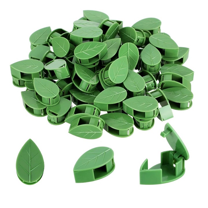 Set 60 clipsuri fixare plante in forma de frunze, verzi, cu 72 adezivi acrilici transparenti, pentru decorare indoor/outdoor