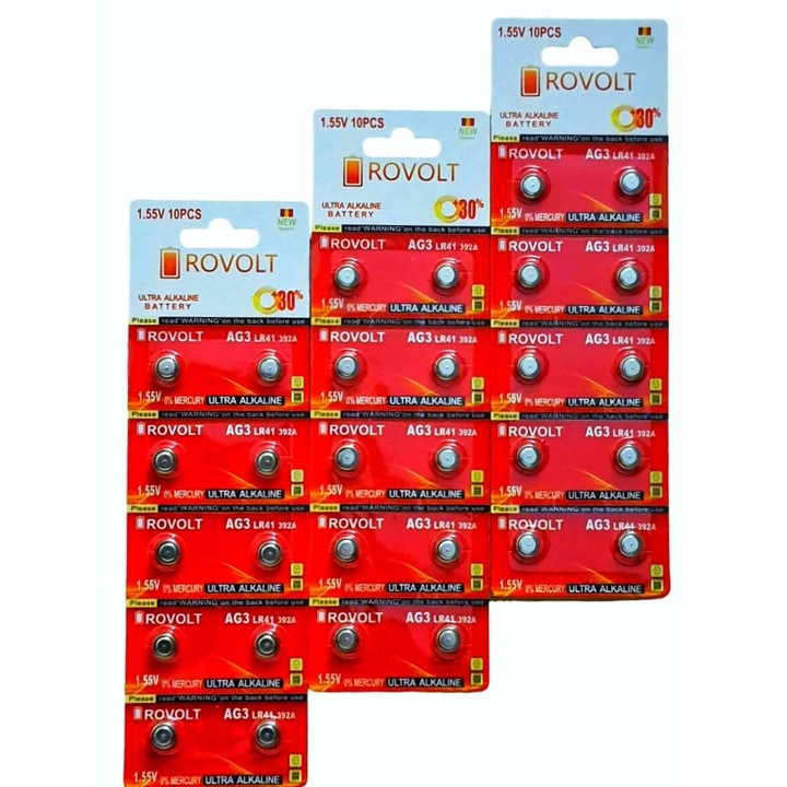Set 30 Baterii Ultra Alkaline AG3, LR41, 392A, 1.55V, Rovolt
