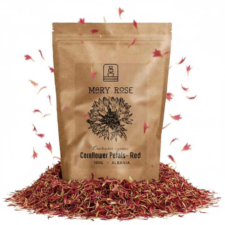 Piros Búzavirág Ehető Virágok Tea, Mary Rose, Szirmok, Kiváló minőségű, 100%-ban Természetes Termék, 100 g