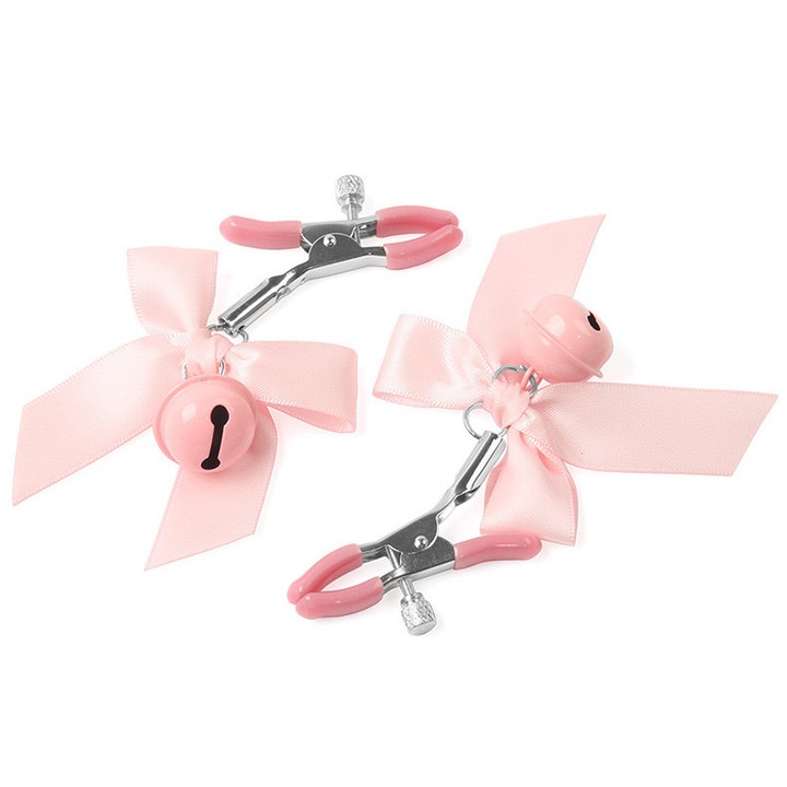 Cleme pentru mamelon, jucarii BDSM cu clopotei si arcuri, putere reglabila, roz