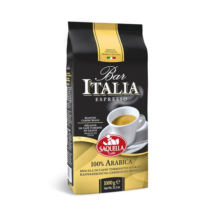 Cafea boabe Saquella Bar Italia Espresso, 100% Arabica, gust discret, prajire medie, intensitate 3/5, punga 1kg