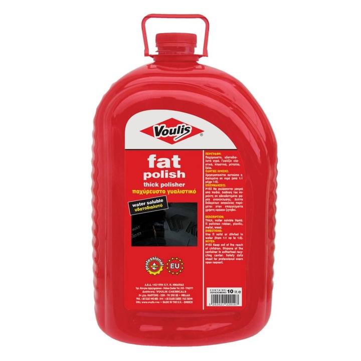 Solutie Profesionala de Lustruit VOULIS FAT POLISH 10L, Concentrat Solubil in Apa pentru Cauciuc, Plastic si Piele