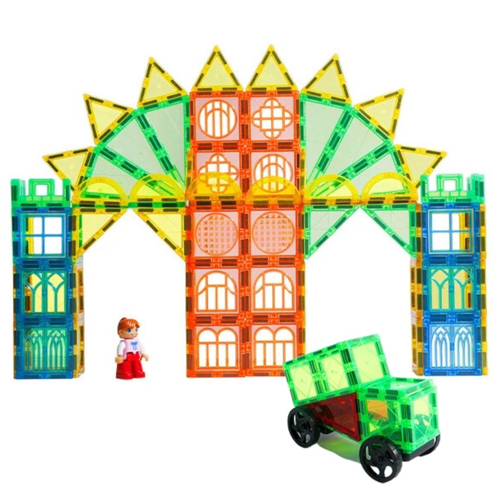 Set Constructie Magnetic Copii Magplayer 103 buc, Educativ si Creativ, Blocuri Magnetice, Asamblare, Numeroase Posibilitati de Construit Creativ, Dezvoltarea Abilitatilor Motrice si a Imaginatiei, Pod