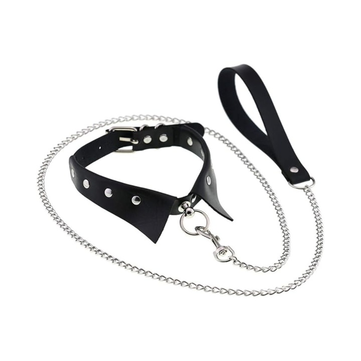 Set accesorii BDSM, Guler cu lant detasabil, PU piele, negru, 47cm