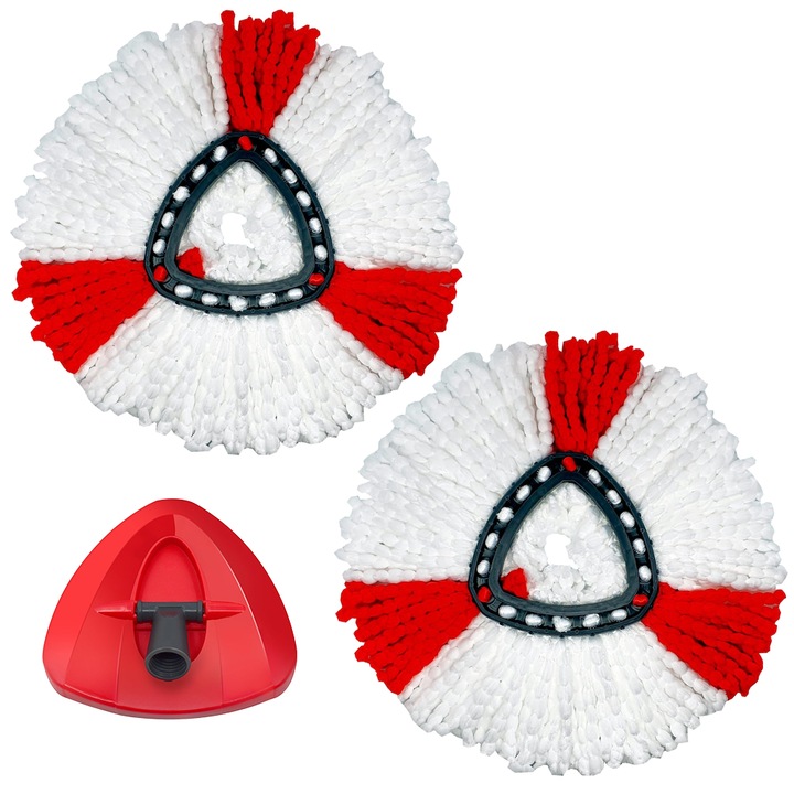 Rezerve Easy Wring Turbo, Caravaan®, Pentru mop rotativ, Cu cap de mop, Microfibra/Plastic, 3 piese, Alb/Rosu